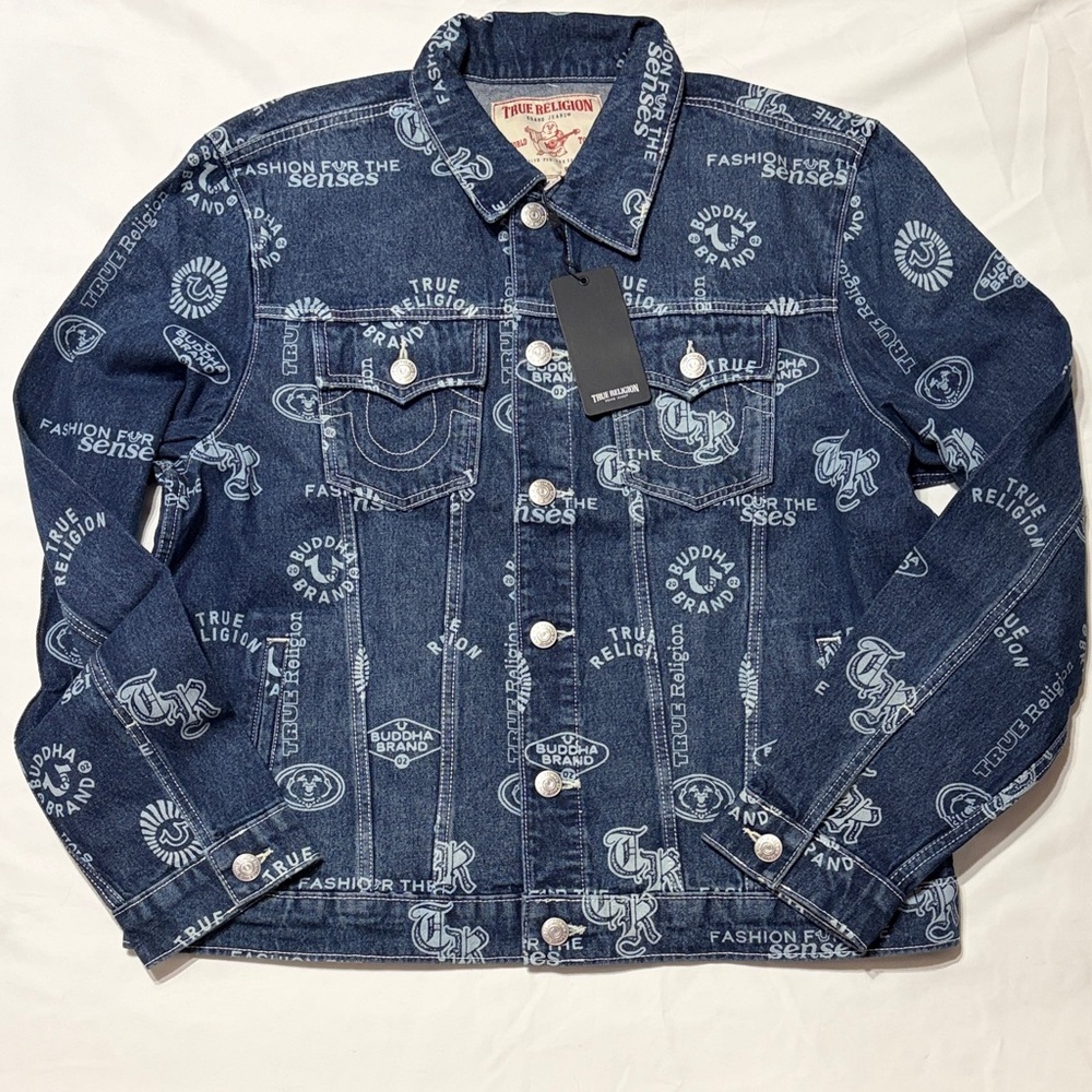 True Religion AOP Logo Denim SN Jacket Medium Rustic Barn Wash Size XL NWT - Picture 5 of 12